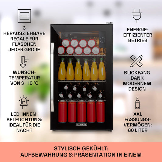 Klarstein Mini Getränkekühlschrank mit Glastür 80L