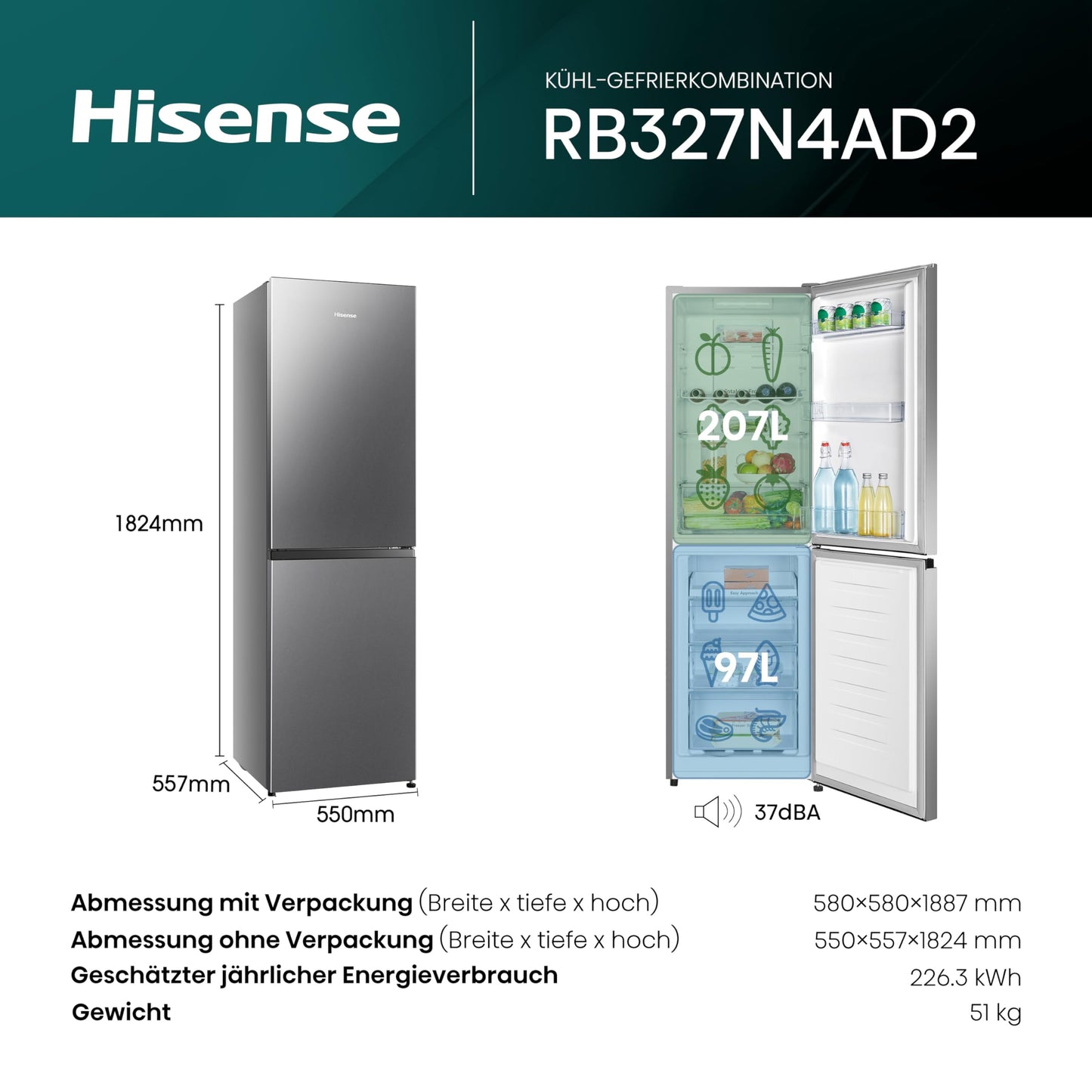Hisense Kühl Gefrierkombination 256L Edelstahl Look